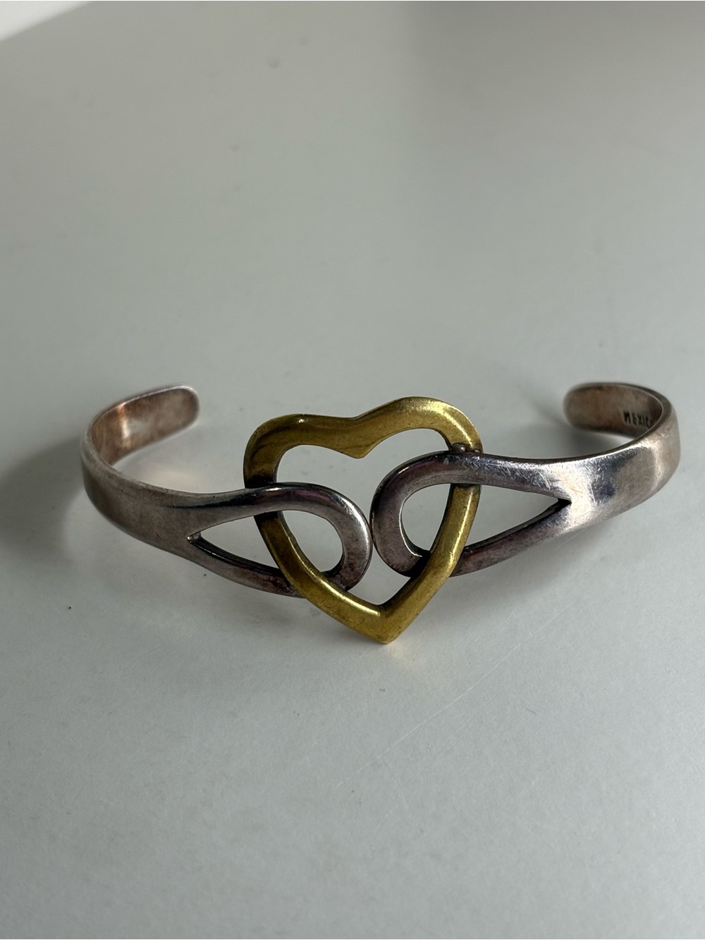 Vintage Mexico Sterling Silver 925 & Brass Interlocking Heart Cuff Bracelets - Picture 6 of 10